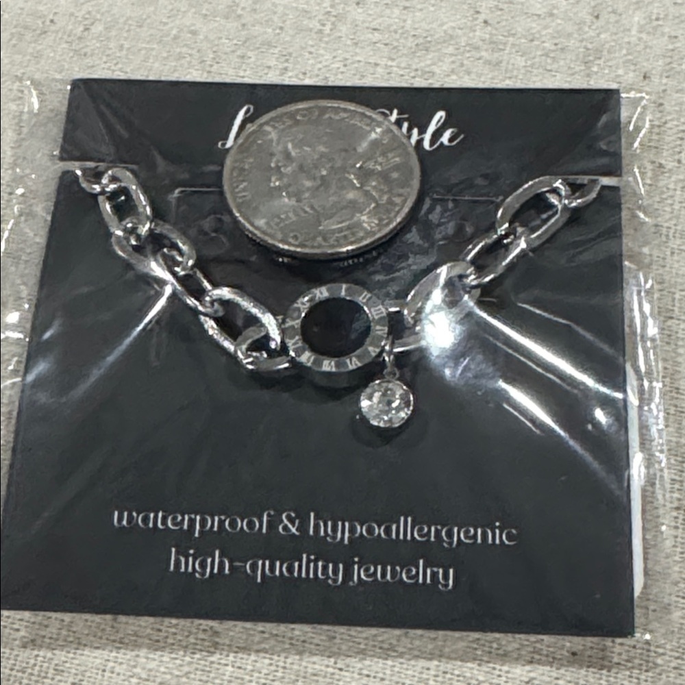 Stainless Steel Roman Numeral Bracelet Black Enamel CZ Charm Waterproof - Picture 3 of 6